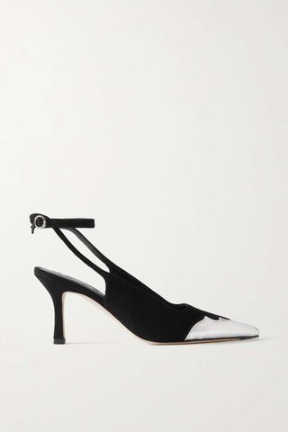 Aeyde + Sally Metallic Leather-Trimmed Suede Slingback Pumps