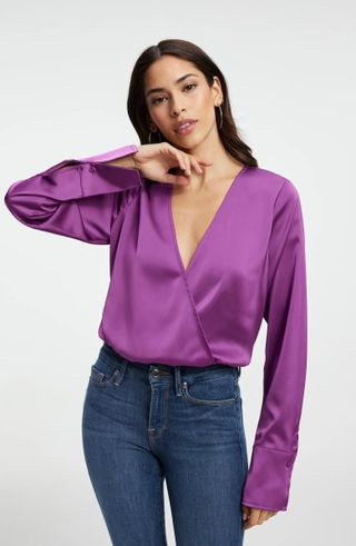 Good American + Long Sleeve Stretch Satin Faux Wrap Top