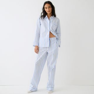 J.Crew + Long-Sleeve Cotton Poplin Pajama set in barbie stripe