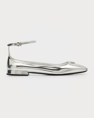 Prada + Metallic Ankle-Strap Ballerina Flats