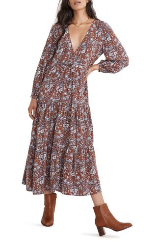 Madewell + Woodland Floral Long Sleeve Challis Wrap Midi Dress