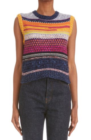 Chloé + Stripe Cap Sleeve Cashmere & Wool Sweater