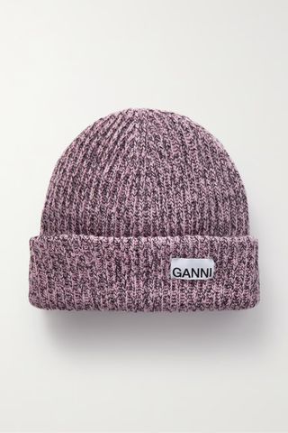 Ganni + Appliquéd Mélange Ribbed-Knit Beanie