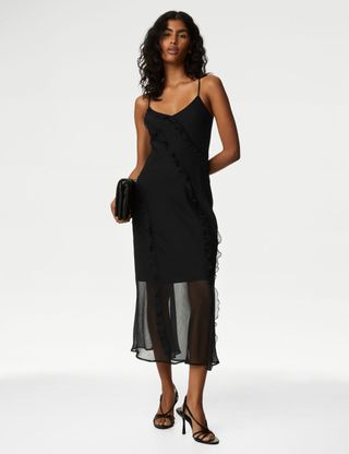 M&S Collection + Sheer Strappy Ruffle Midaxi Slip Dress