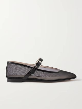 Le Monde Beryl + Patent Leather-Trimmed Mesh Mary Jane Ballet Flats