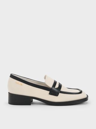 Charles & Keith + Black Textured Canvas Cut-Out Penny Loafers