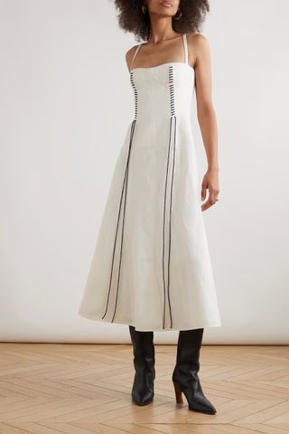 Chloé + Lace-Up Wool and Linen-Blend Piqué Midi Dress