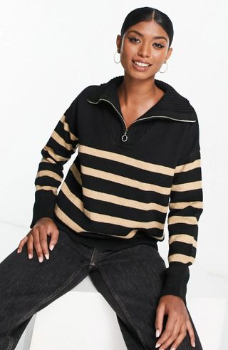 Asos Design + Stripe Quarter Zip Pullover Sweater