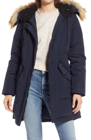 Sam Edelman + Hooded Down & Feather Fill Parka With Faux Fur Trim