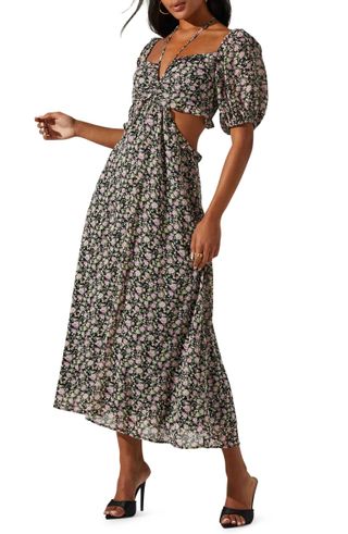 Astr the Label + Floral Print Ruffle Cutout Halter Neck Midi Dress