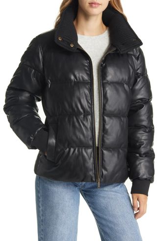 Sam Edelman + Faux Leather Puffer Jacket With Ribbed Collar