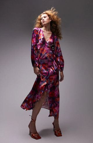 Topshop + Floral Long Sleeve Satin Midi Dress