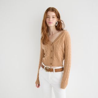 J.Crew + Cashmere Cropped Cable-Knit V-Neck Cardigan Sweater