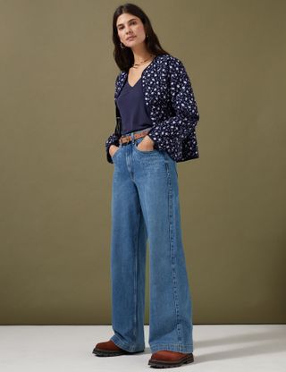 Per Una + High Waisted Floral Wide Leg Jeans