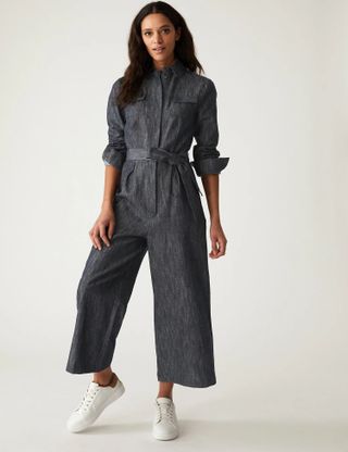M&S Collection + Denim Belted Long Sleeve Utility Jumpsuit