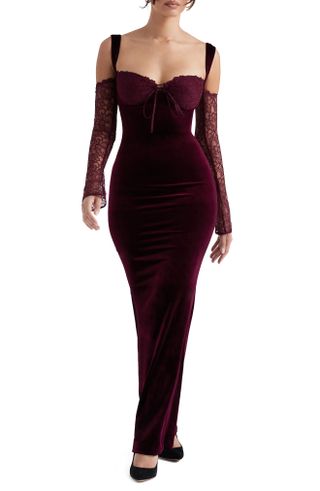House of CB + Cold Shoulder Long Sleeve Velvet & Lace Gown