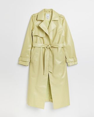 River Island + Yellow Faux Leather Longline Trench Coat