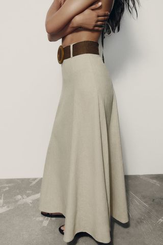 Zara + Belted Linen Blend A-Line Skirt