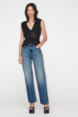 Zara + z1975 High Rise Long Length Straight Cut Jeans