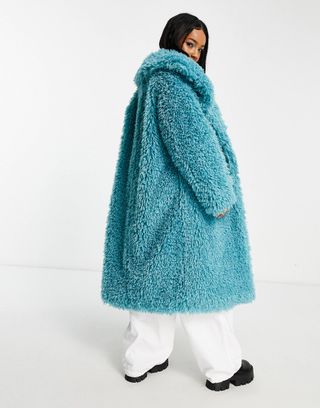ASOS Design + Faux Fur Maxi Coat in Blue