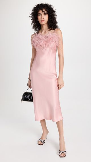 Sleeper + Boheme Slip Dress With Feathers in Dust Pink