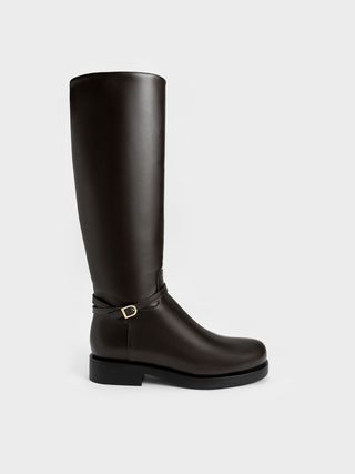 Charles & Keith + Dark Brown Belted Knee-High Boots