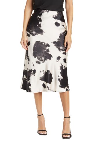 Renee C + Satin Cow Print Midi Skirt