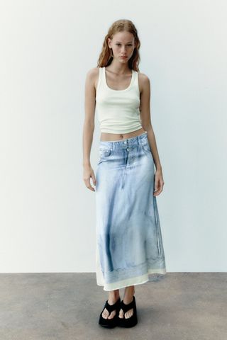 Zara + Printed Denim Satin Effect Skirt