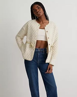 Madewell + Quilted Jacquard Snap-Front Collarless Jacket in Daisy Blooms