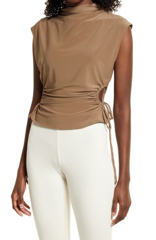 Open Edit + Ruched Cutout Mock Neck Top