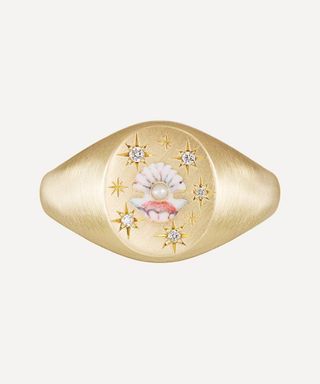 Cece Jewellery + 18ct Gold the Clam and Pearl Diamond Signet Ring