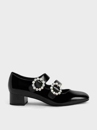 Charles & Keith + Black Embellished Buckle Patent Mary Janes