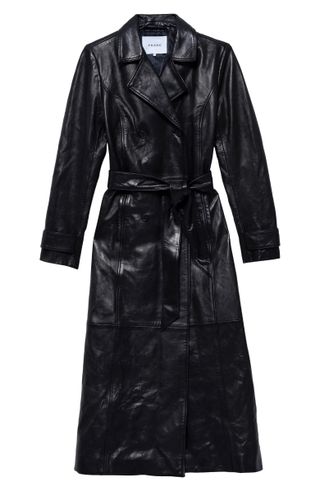 Frame + Double Breasted Tie Waist Leather Trench Coat