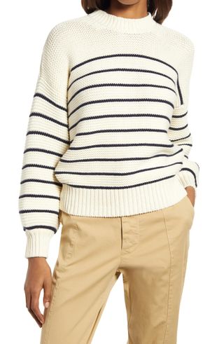Alex Mill + Stripe Button Back Cotton Crewneck Sweater