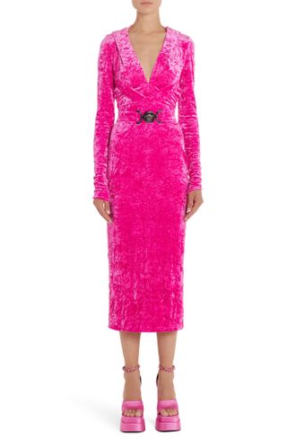 Versace + Hooded Long Sleeve Deep V-Neck Crushed Velvet Midi Dress