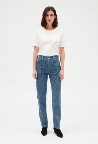Claudie Pierlot + Washed-Out Monogrammed Blue Jeans