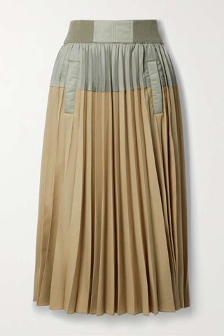 Sacai + Pleated Paneled Crepe and Twill Midi Skirt