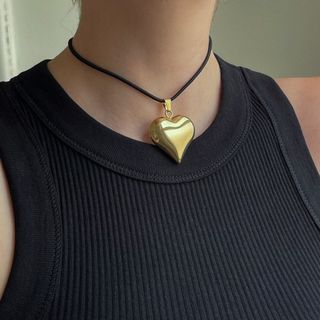 Etsy + Gold Puffed Heart String Necklace Black Cord Long Wrap Tie