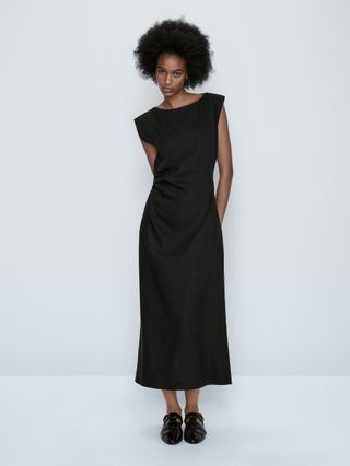 Massimo Dutti + Linen Blend Dress With Ruched Detail