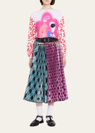 Chopova Lowena + Mixed-Print Spliced Asymmetric Belted Skirt