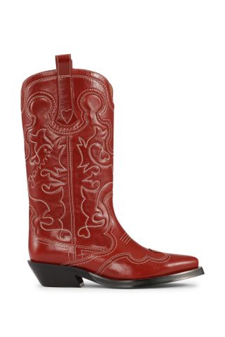 Ganni + Embroidered Western Boots in Cherry