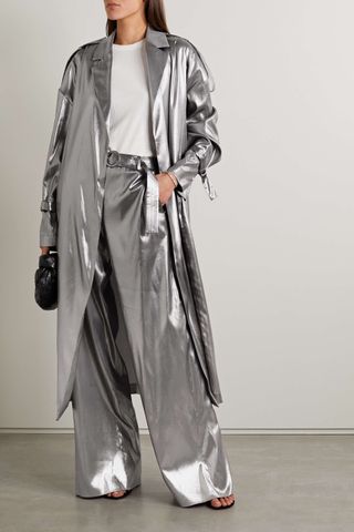Lapointe + Belted Silk-Lamé Trench Coat