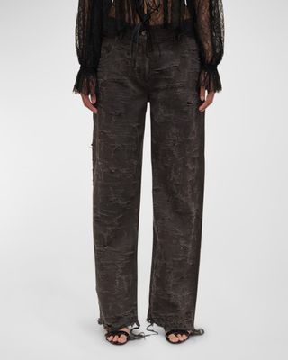 Interior + Clarice Low-Rise Distressed Wide-Leg Pants