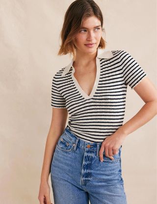 Boden + Ribbed Pointelle Collared Top