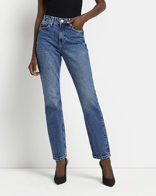 River Island + Blue Mid Rise Slim Fit Jeans