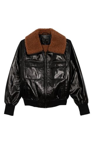 Mother + Faux Leather Pilot Jacket With Faux Fur Lining