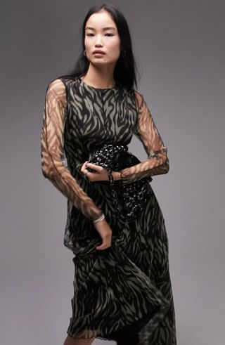 Topshop + Zebra Print Long Sleeve Mesh Dress