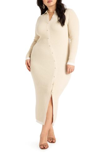 Eloquii + Asymmetric Placket Long Sleeve Maxi Sweater Dress