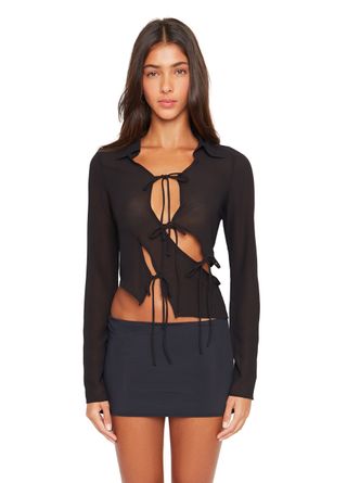 Danielle Guizio + Sheer Long Sleeve Tie Top