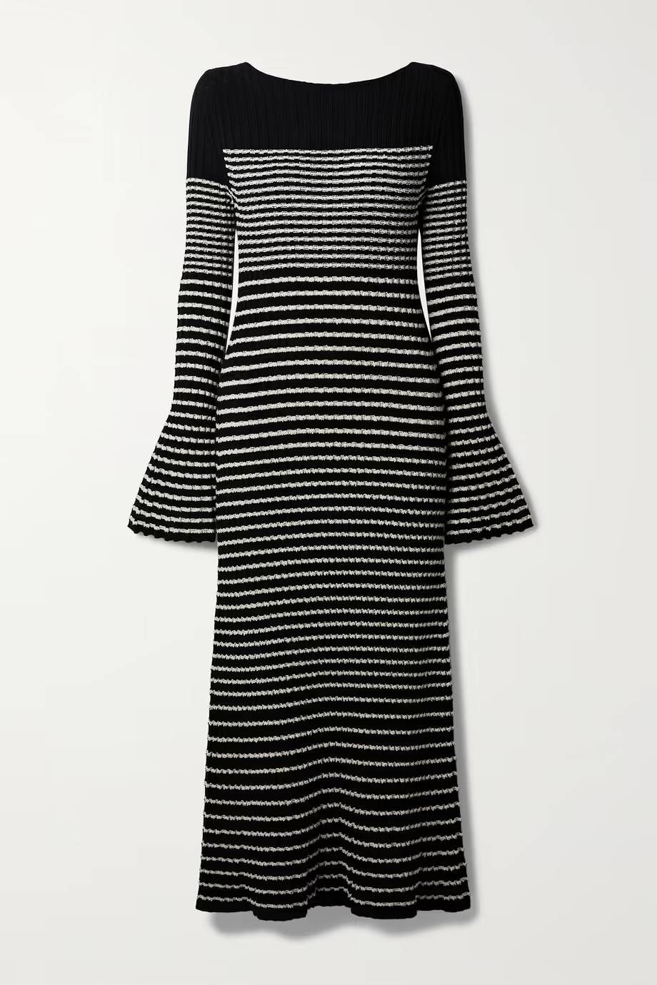 Wool Blend Striped Knit V-Neck Midi Dress